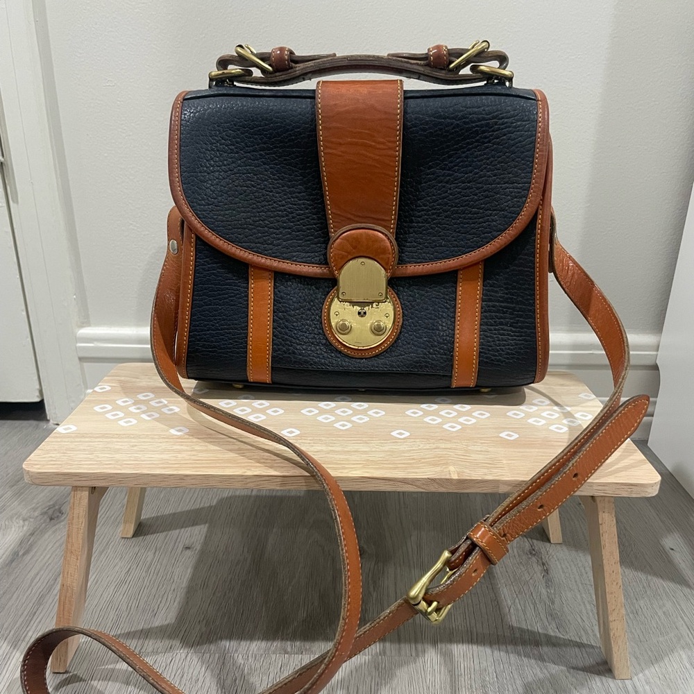 Vintage Dooney & Bourke Medium Lockhart Flap Bag Navy with British Tan Trim